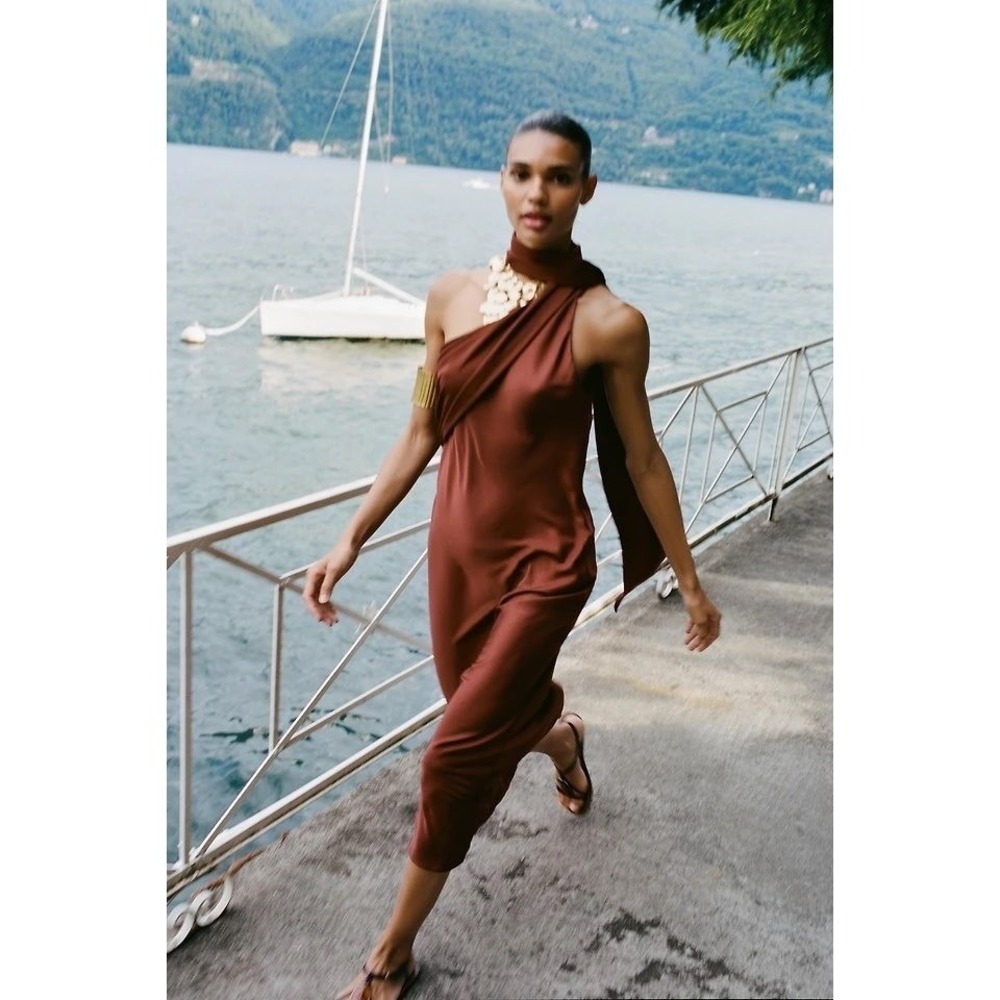 Zara One Shoulder Draped Scarf Midi Dress Terracotta Brown 5029/170‎ Medium NWT